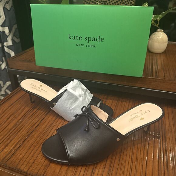 Kate Spade Size 8 Leather Black Stassi Bow Mules Black Heels New Nordstrom - Picture 2 of 11